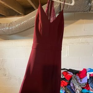 Long maroon/wine dress, great for cocktails, worn as bridesmaid dress